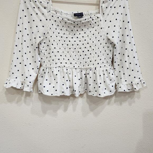 America Eagle Polka Dot Ruffle Hem Peplum Crop Blouse Black White Size Medium - Picture 6 of 10